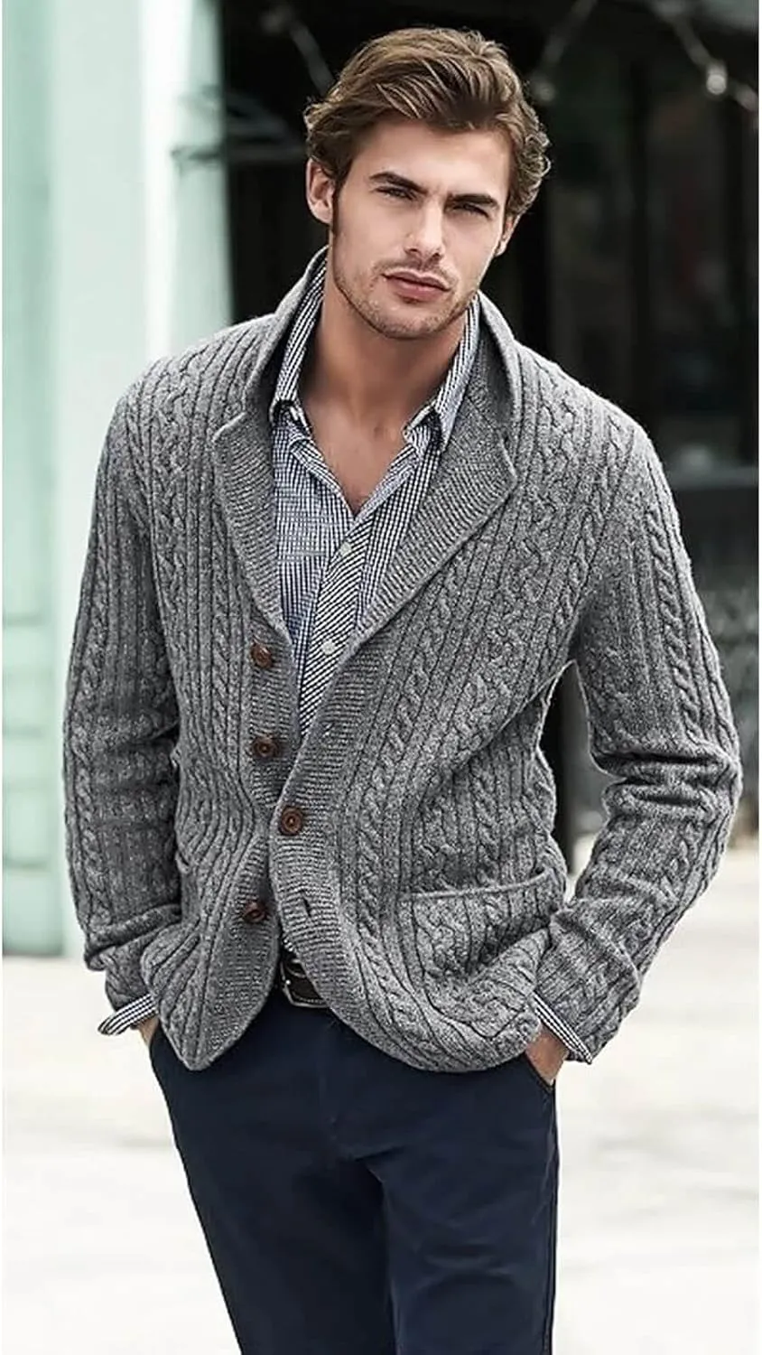 Men's Pure Cotton Button Down Cardigan Sweater Lightweight Shawl Collar Knitwear