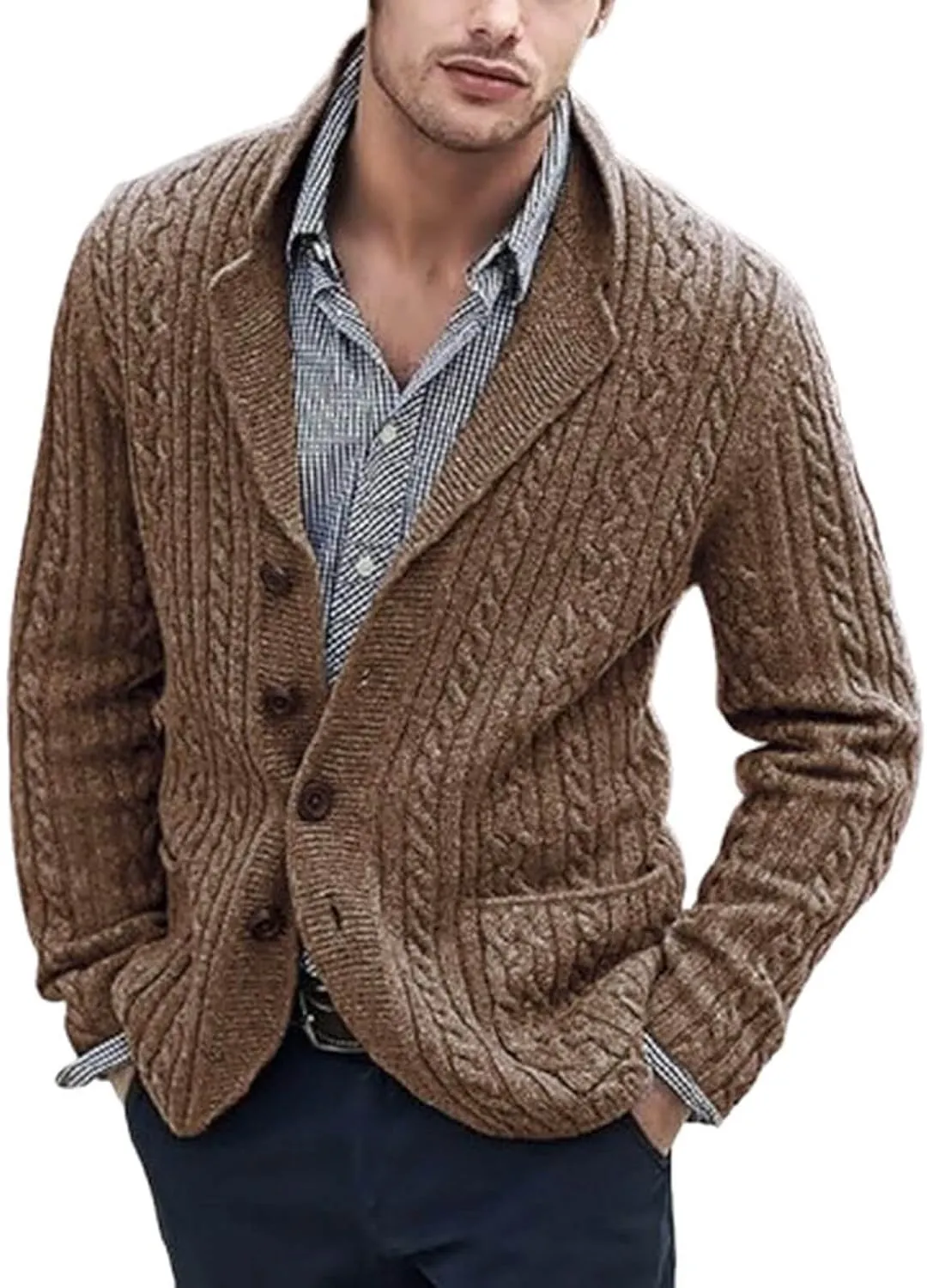 Men's Pure Cotton Button Down Cardigan Sweater Lightweight Shawl Collar Knitwear