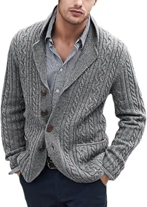 Men's Pure Cotton Button Down Cardigan Sweater Lightweight Shawl Collar Knitwear