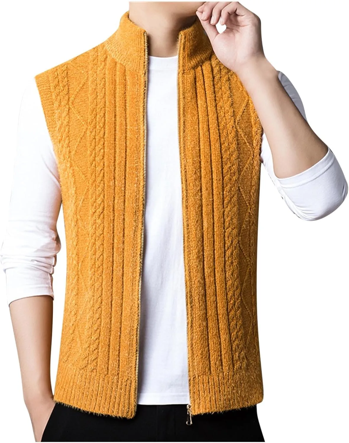Mens Sweater Vest Chunky Knit Sleeveless Cardigan Sweaters Fashion Full Zipper Sports Vests Stand Collar Waistcoat