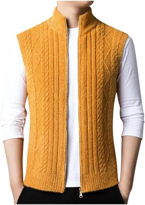 Mens Sweater Vest Chunky Knit Sleeveless Cardigan Sweaters Fashion Full Zipper Sports Vests Stand Collar Waistcoat