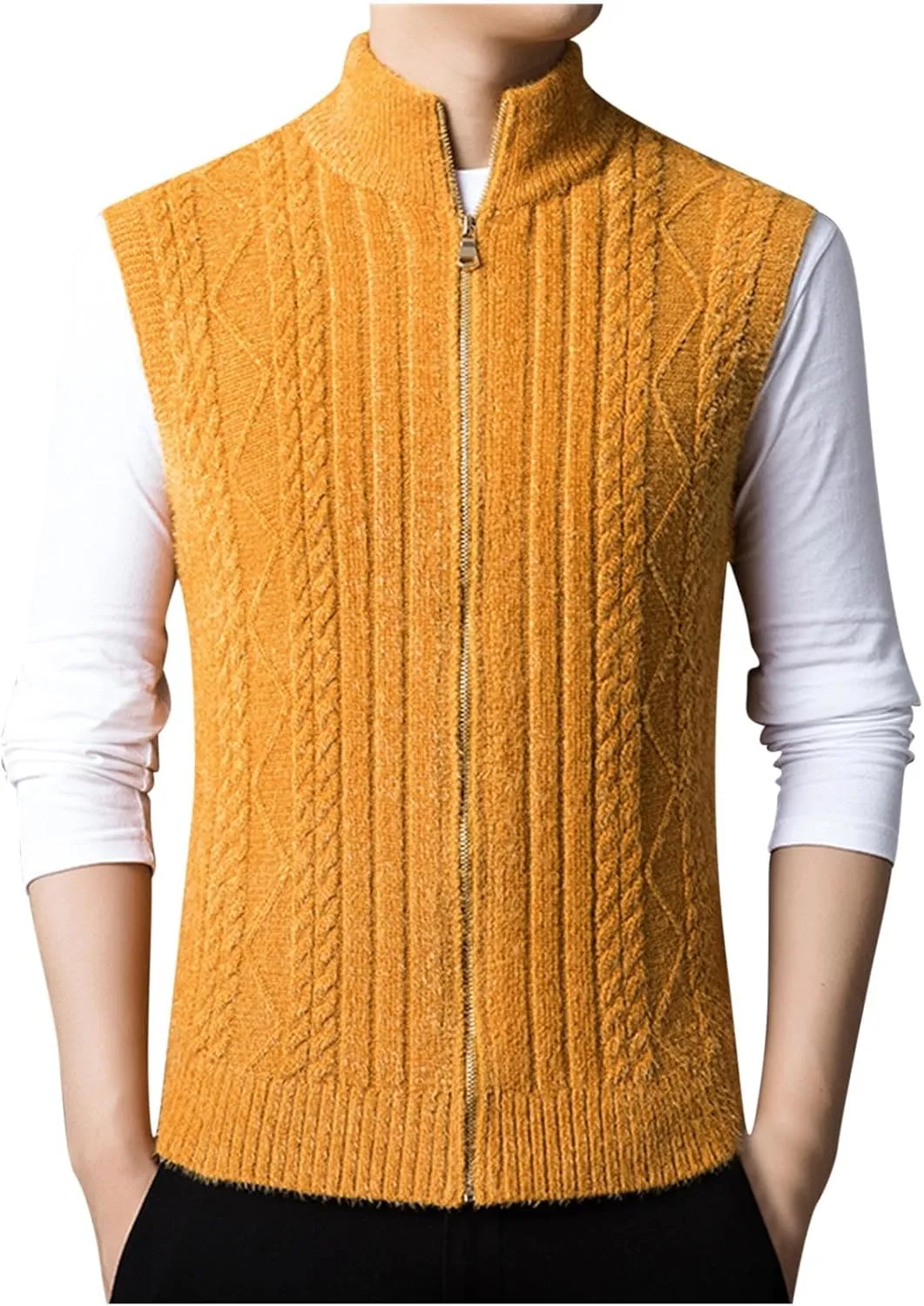 Mens Sweater Vest Chunky Knit Sleeveless Cardigan Sweaters Fashion Full Zipper Sports Vests Stand Collar Waistcoat