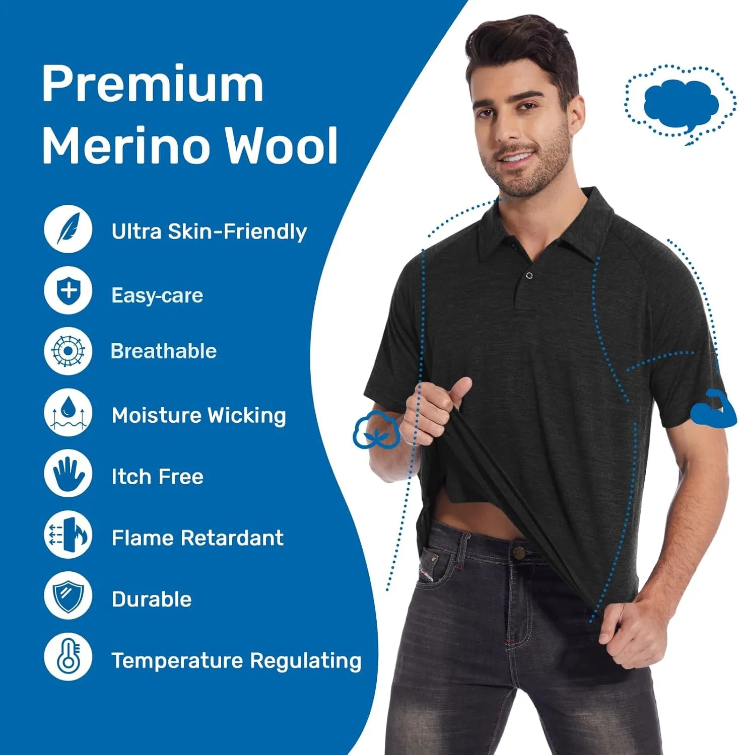 MERINNOVATION Merino Wool Polo Shirts Men - 100% Merino Wool Shirts for Men Short Sleeve Wicking Base Layer