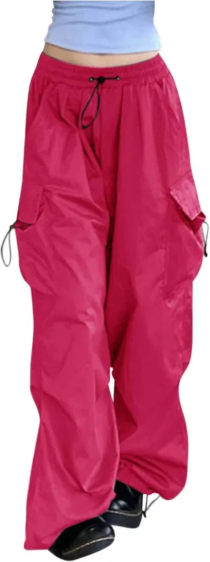 Metallic Shiny Parachute Pants for Women Drawstring Baggy Cargo Pants Jogger Straight Leg Parachute Pants Y2k Pants