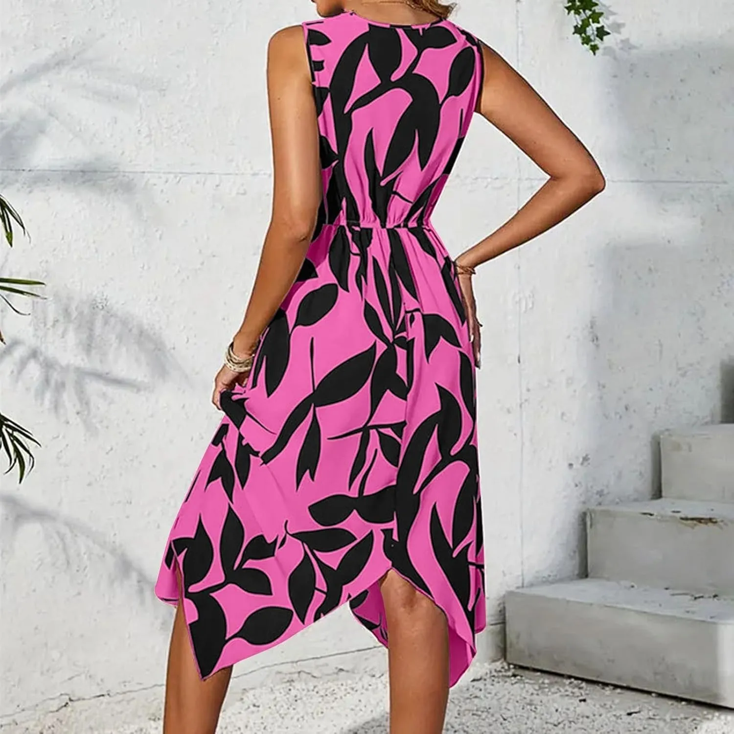 Midi Dresses for Women Summer Floral Sleeveless V Nevk Tie Wrap Dress Skin Friendly Irregular Casual Beach Sundress