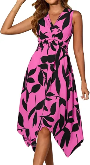 Midi Dresses for Women Summer Floral Sleeveless V Nevk Tie Wrap Dress Skin Friendly Irregular Casual Beach Sundress