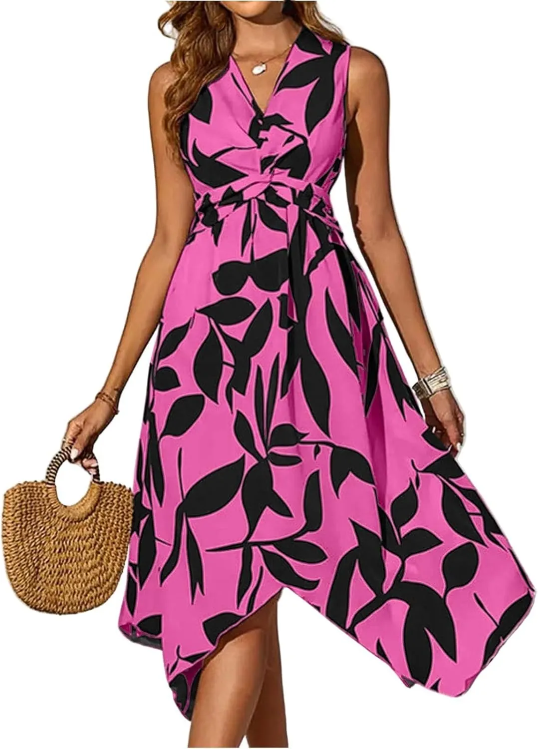 Midi Dresses for Women Summer Floral Sleeveless V Nevk Tie Wrap Dress Skin Friendly Irregular Casual Beach Sundress