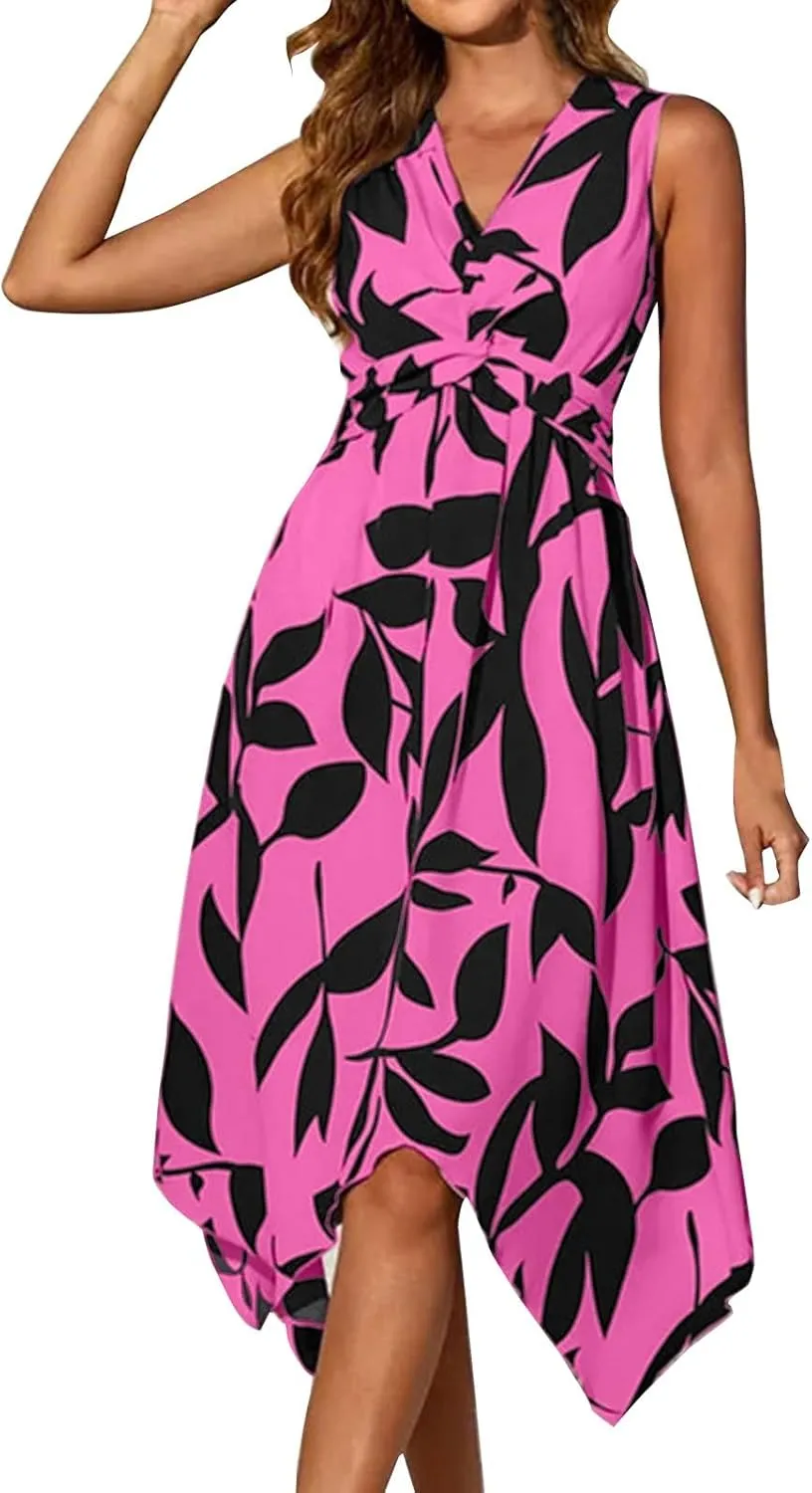 Midi Dresses for Women Summer Floral Sleeveless V Nevk Tie Wrap Dress Skin Friendly Irregular Casual Beach Sundress