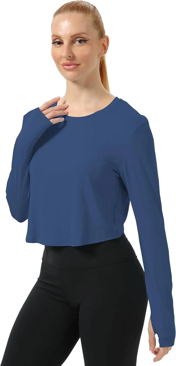 Mippo Cropped Long Sleeve Tops Workout Athletic Yoga Gym Crop Tops for Women Loose Fit
