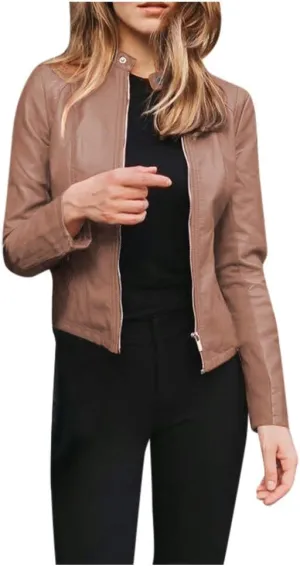 Miyaomn 70s Outfits for Women Women's Punk Zip Up Moto Biker Crop Jackets PU Faux Leather Slim Fit Collared Long Sleeve Petite Short Coat Outerwear(Khaki,Medium)