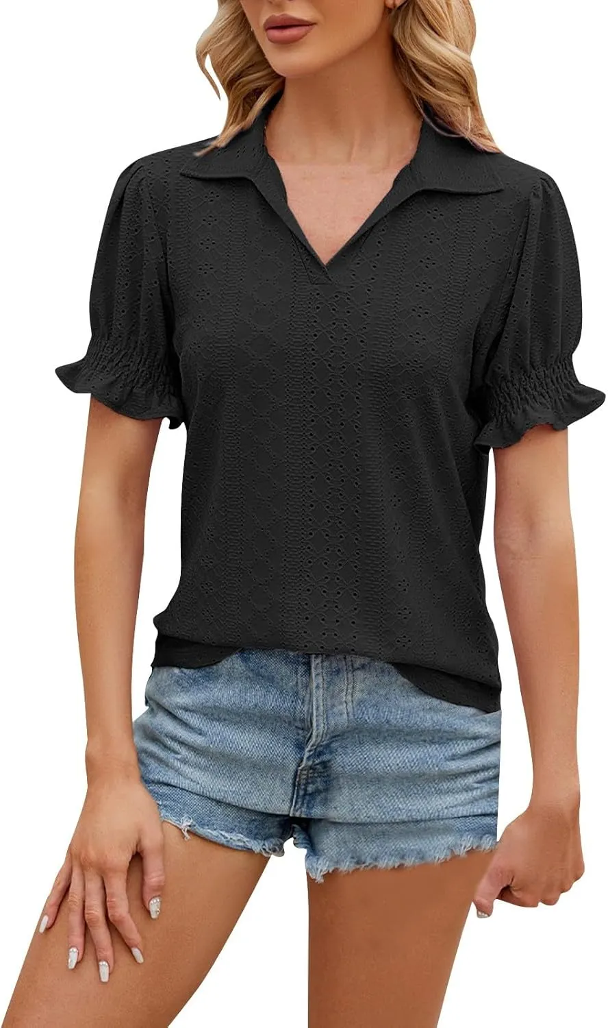 Miyaomn Womens Summer Tops 2025 Trendy Eyelet Ruffles Short Sleeve Tunics Casual V Neck Tshirts Fashion Solid Blouses Clothes