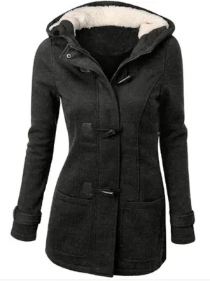 Mmoneyake Womens Fuzzy Fleece Pea Coat Classic Horn Buttons Zipper Hooded Jacket Winter Warm Long Sleeve Outerwear Tops