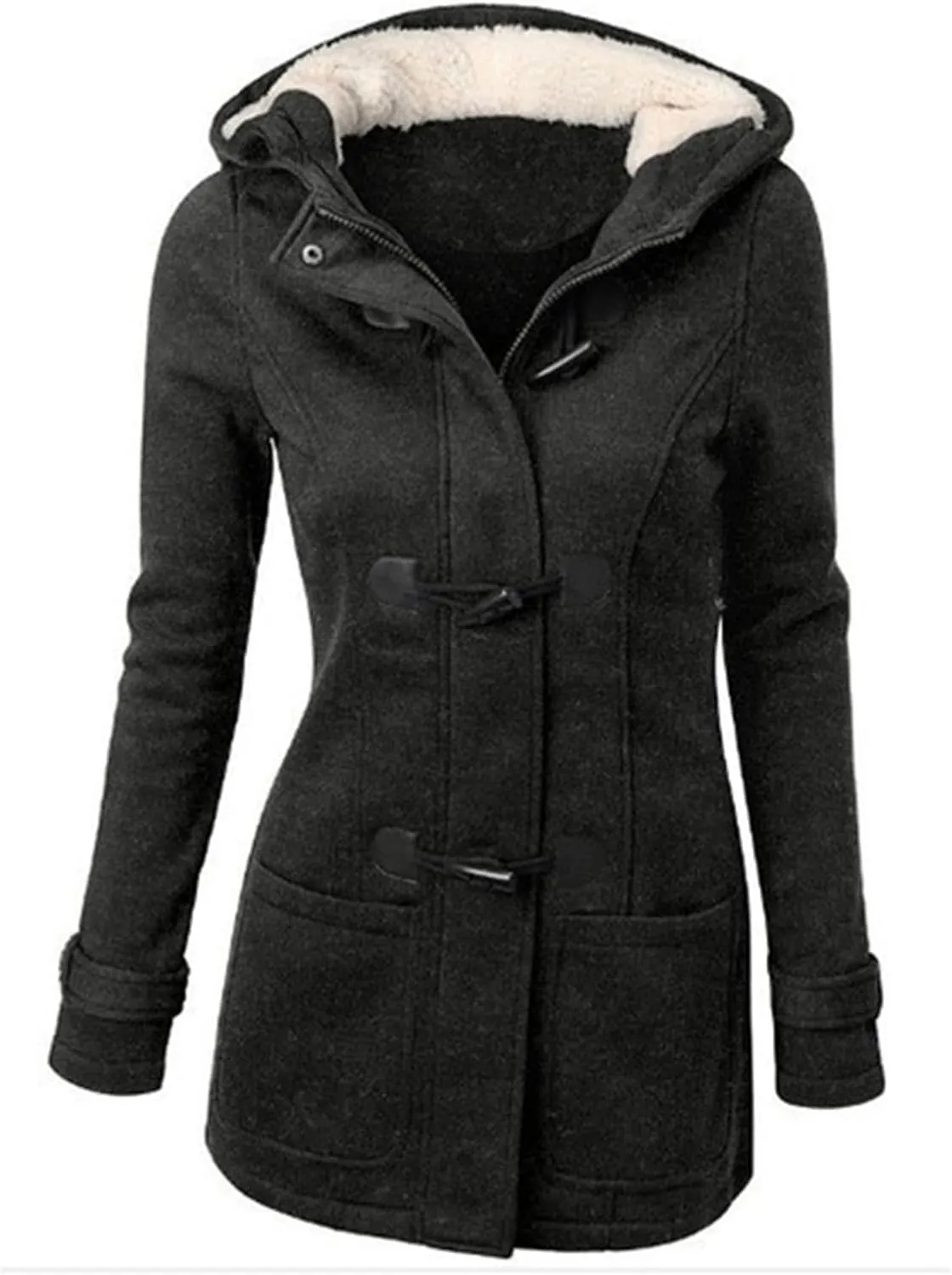 Mmoneyake Womens Fuzzy Fleece Pea Coat Classic Horn Buttons Zipper Hooded Jacket Winter Warm Long Sleeve Outerwear Tops