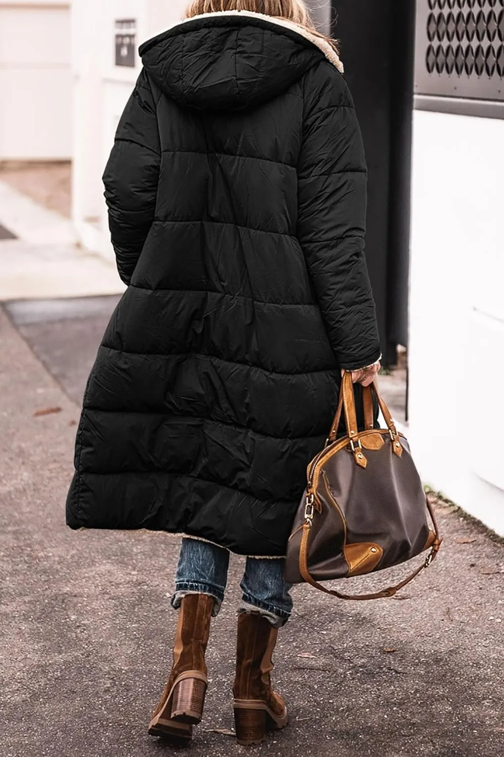 Mmoneyake Womens Reversible Sherpa Fleece Puffer Jackets Warm Winter Coats Zip Up Fall Long Hooded Outerwear Fashion Overcoat