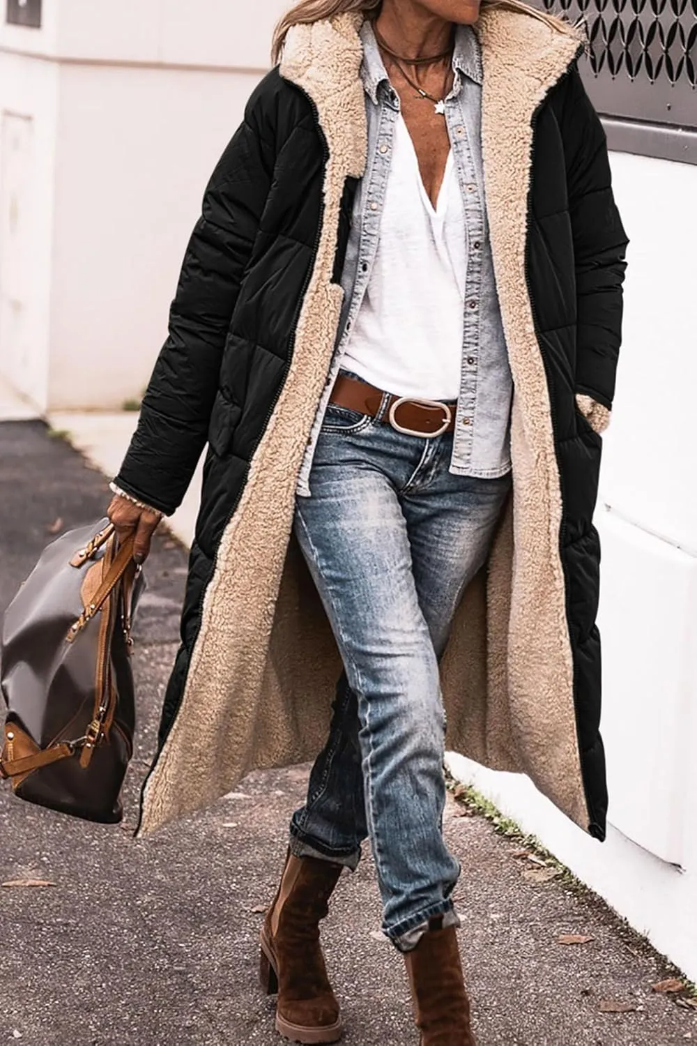 Mmoneyake Womens Reversible Sherpa Fleece Puffer Jackets Warm Winter Coats Zip Up Fall Long Hooded Outerwear Fashion Overcoat