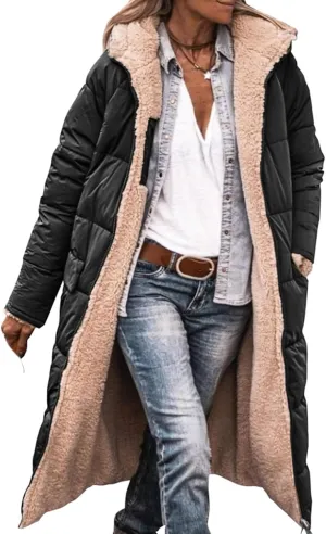Mmoneyake Womens Reversible Sherpa Fleece Puffer Jackets Warm Winter Coats Zip Up Fall Long Hooded Outerwear Fashion Overcoat