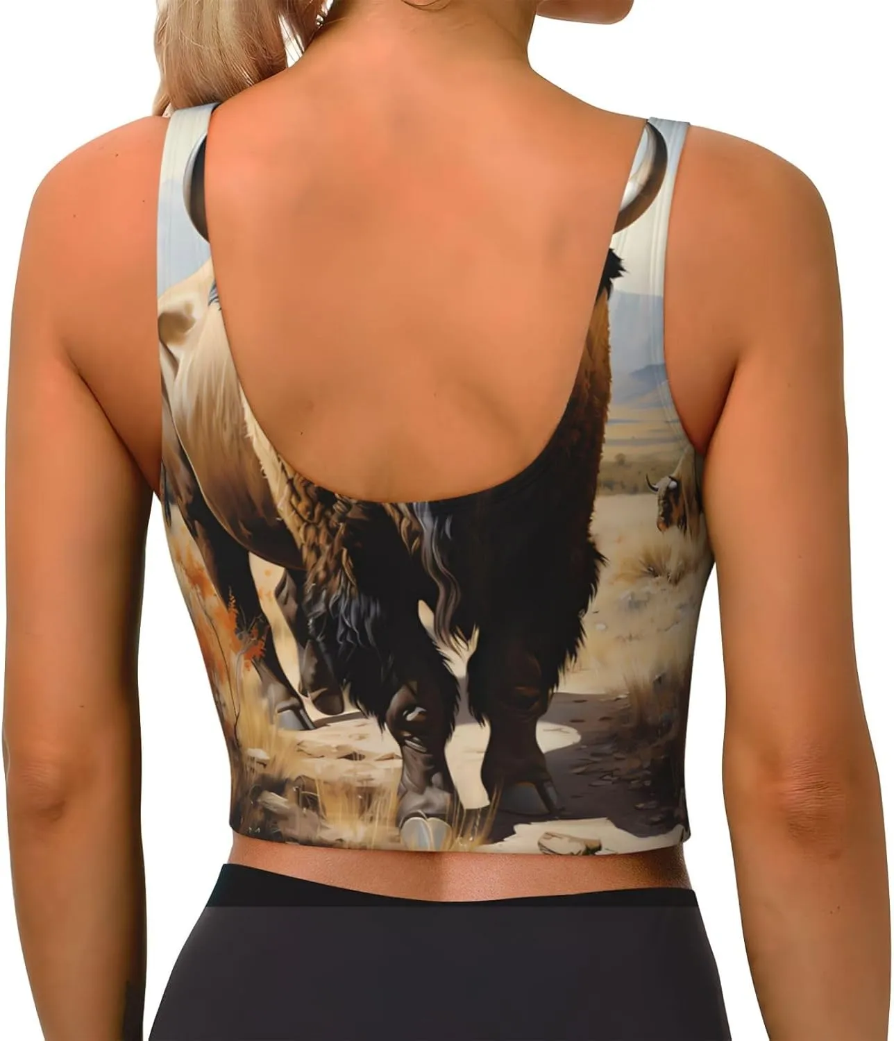 North American Bison Herd Women's Sexy Sports Vest Sleeveless Athletic Gym T-Shirts Vest U-Shaped Back Quick Dry Top