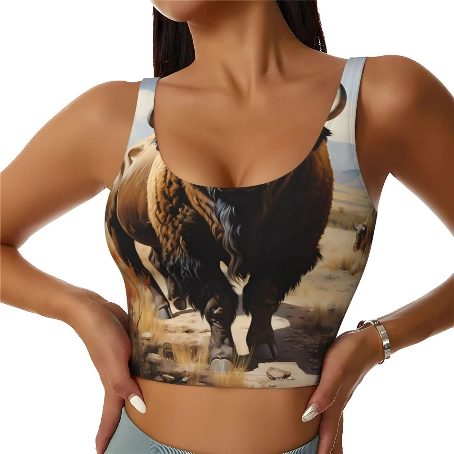 North American Bison Herd Women's Sexy Sports Vest Sleeveless Athletic Gym T-Shirts Vest U-Shaped Back Quick Dry Top