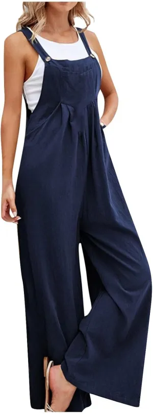 Overalls for Women Linen Casual Sleeveless Jumpsuits Straps Bib Overall Baggy Pleated Palazzo Pants with Pockets