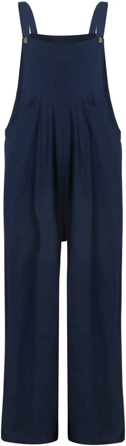 Overalls for Women Linen Casual Sleeveless Jumpsuits Straps Bib Overall Baggy Pleated Palazzo Pants with Pockets
