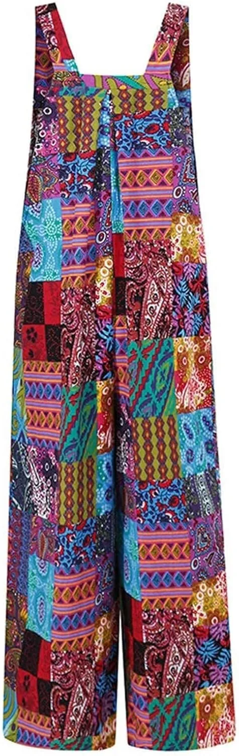 Overalls for Women Linen Casual Sleeveless Jumpsuits Straps Bib Overall Baggy Pleated Palazzo Pants with Pockets