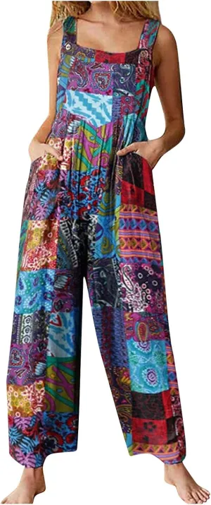 Overalls for Women Linen Casual Sleeveless Jumpsuits Straps Bib Overall Baggy Pleated Palazzo Pants with Pockets