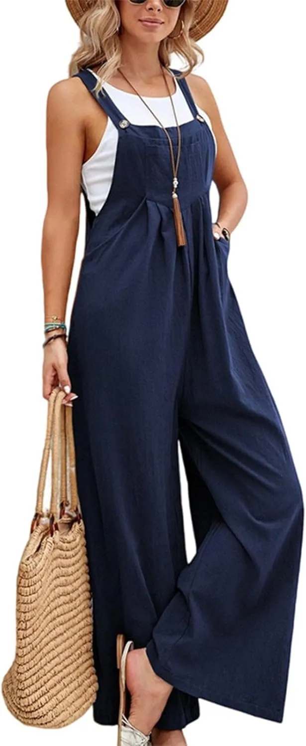 Overalls for Women Linen Casual Sleeveless Jumpsuits Straps Bib Overall Baggy Pleated Palazzo Pants with Pockets