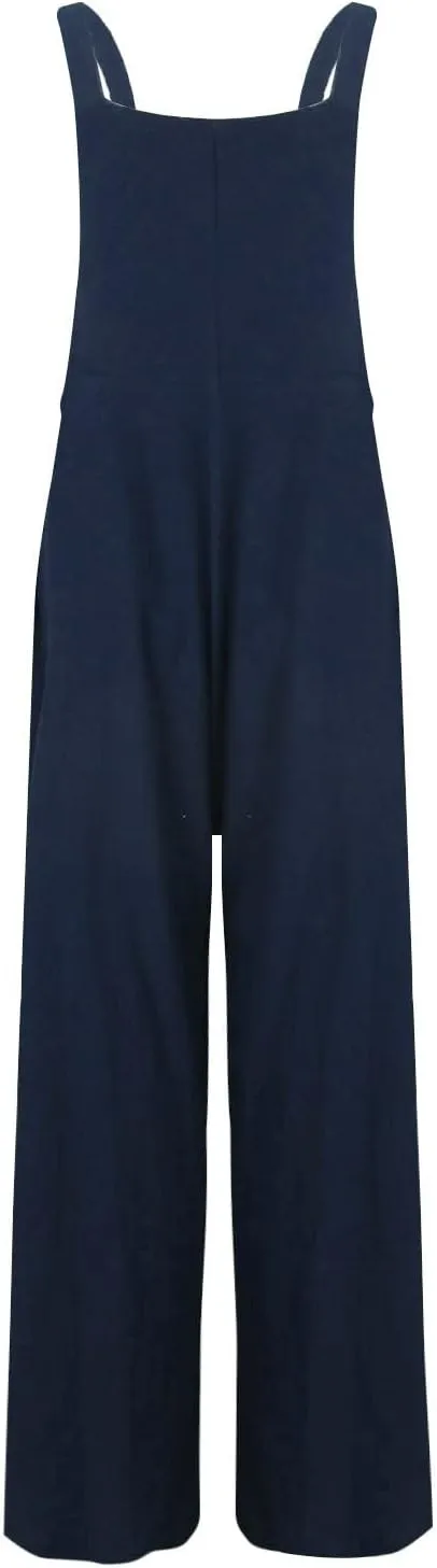 Overalls for Women Linen Casual Sleeveless Jumpsuits Straps Bib Overall Baggy Pleated Palazzo Pants with Pockets