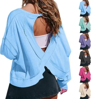 Oversized Open Back Sweatshirts for Womens Gym Backless Long Sleeve Crop Tops Workout Yoga Athletic Shirts Pullover