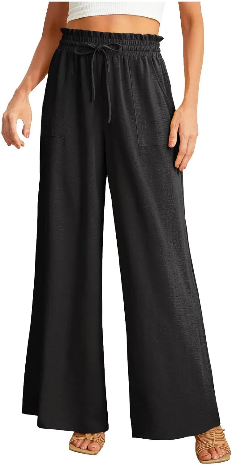 Palazzo Pants High Waist Pants for Women Ruched Elastic Waist Trouser Straight Leg Pants Soft Yoga Pant Lounge Pants