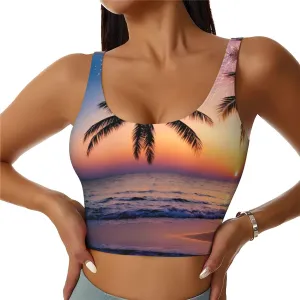 Palm Tree Golden Sunset Women's Sexy Sports Vest Sleeveless Athletic Gym T-Shirts Vest U-Shaped Back Quick Dry Top