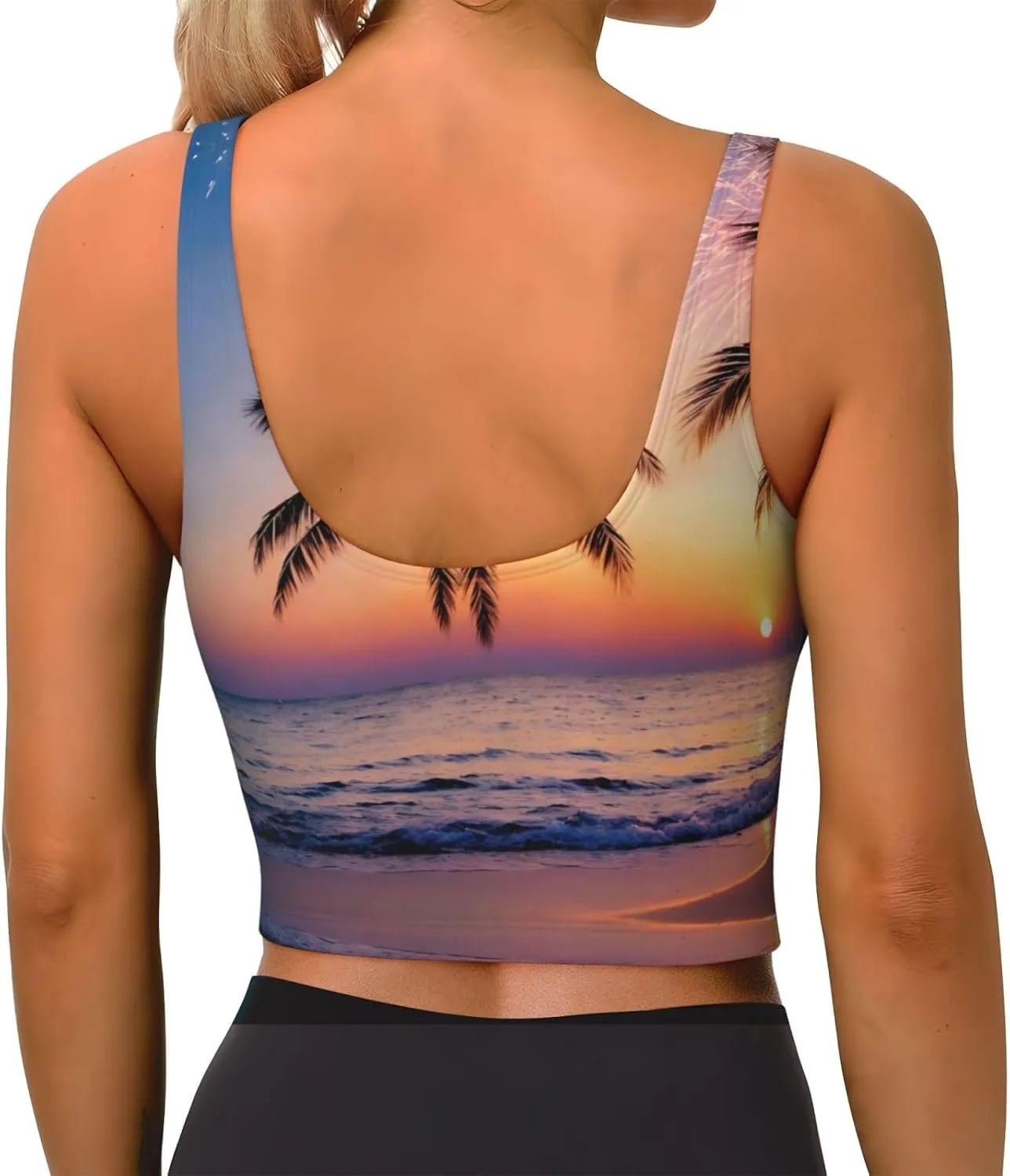 Palm Tree Golden Sunset Women's Sexy Sports Vest Sleeveless Athletic Gym T-Shirts Vest U-Shaped Back Quick Dry Top