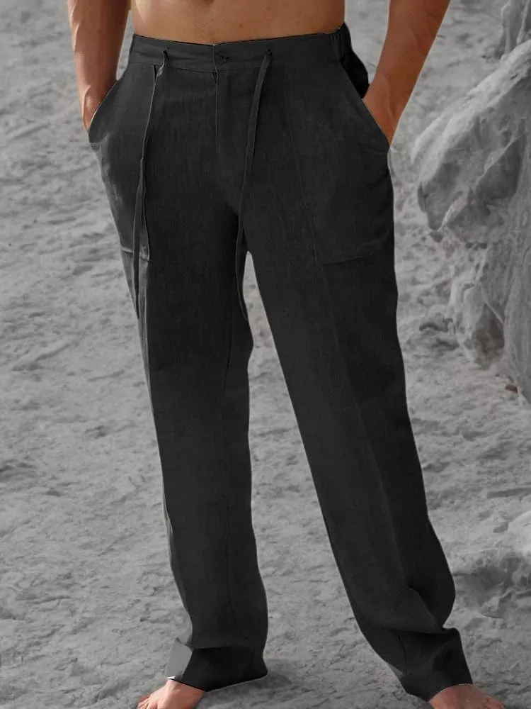 PASLTER Mens Casual Linen Pants Loose Fit Elastic Drawstring Waist Straight-Legs Summer Yoga Beach Long Pants