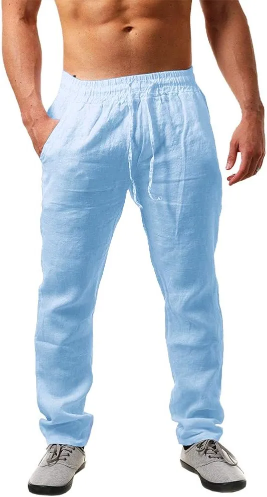 PASLTER Mens Casual Linen Pants Loose Fit Elastic Drawstring Waist Straight-Legs Summer Yoga Beach Long Pants