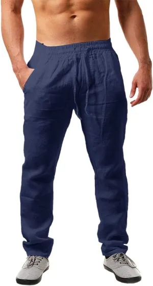 PASLTER Mens Casual Linen Pants Loose Fit Elastic Drawstring Waist Straight-Legs Summer Yoga Beach Long Pants
