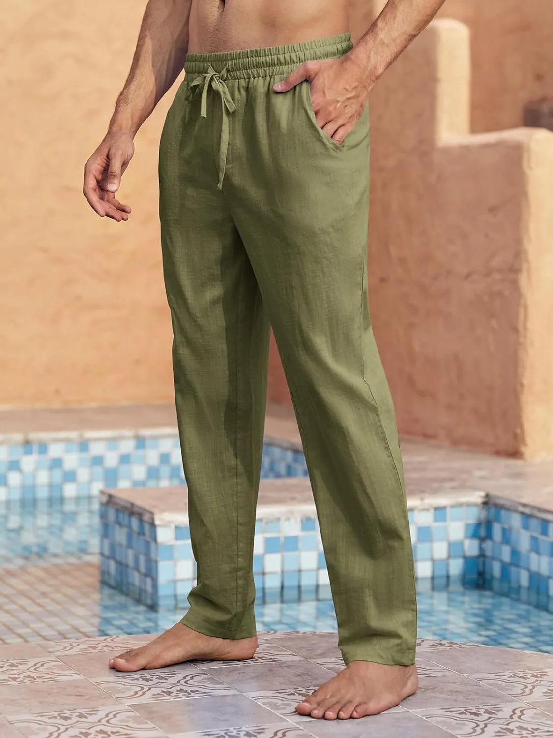 PASLTER Mens Casual Linen Pants Loose Fit Elastic Drawstring Waist Straight-Legs Summer Yoga Beach Long Pants