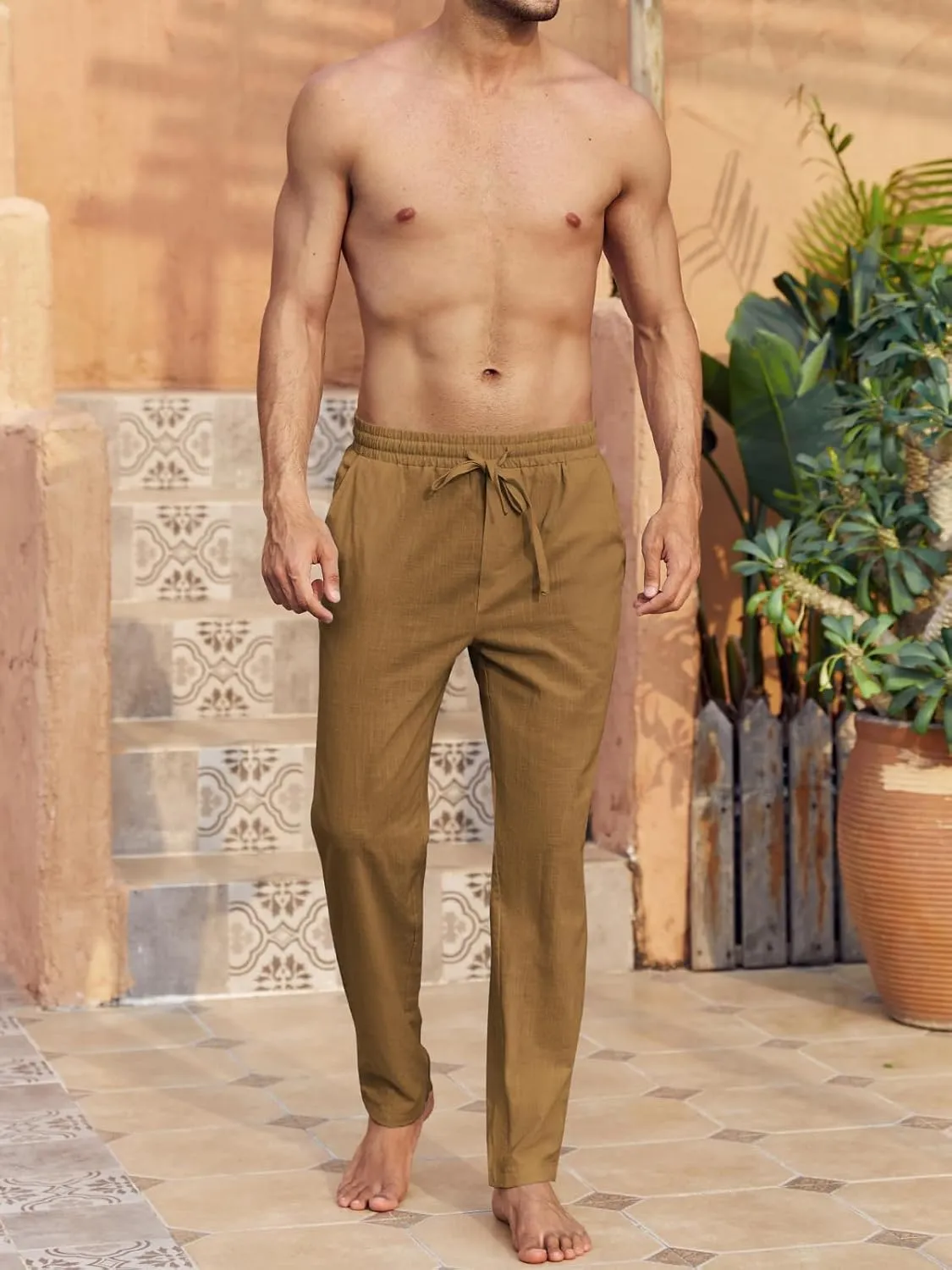 PASLTER Mens Casual Linen Pants Loose Fit Elastic Drawstring Waist Straight-Legs Summer Yoga Beach Long Pants