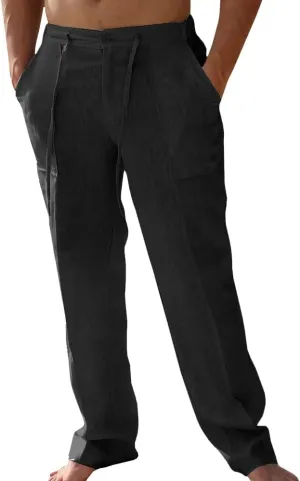 PASLTER Mens Casual Linen Pants Loose Fit Elastic Drawstring Waist Straight-Legs Summer Yoga Beach Long Pants