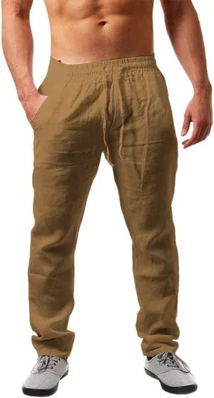 PASLTER Mens Casual Linen Pants Loose Fit Elastic Drawstring Waist Straight-Legs Summer Yoga Beach Long Pants