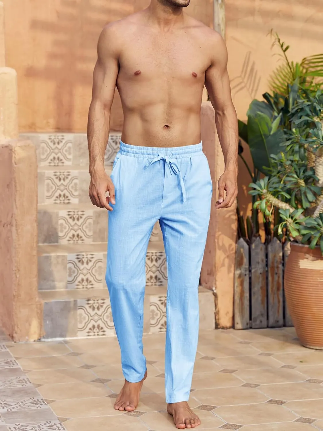 PASLTER Mens Casual Linen Pants Loose Fit Elastic Drawstring Waist Straight-Legs Summer Yoga Beach Long Pants