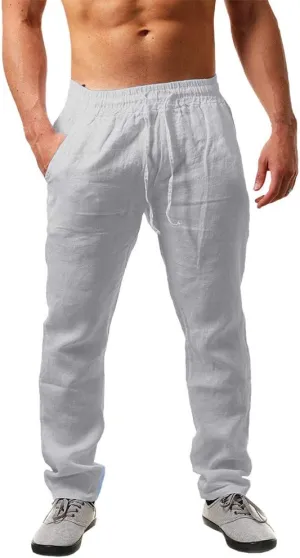 PASLTER Mens Casual Linen Pants Loose Fit Elastic Drawstring Waist Straight-Legs Summer Yoga Beach Long Pants