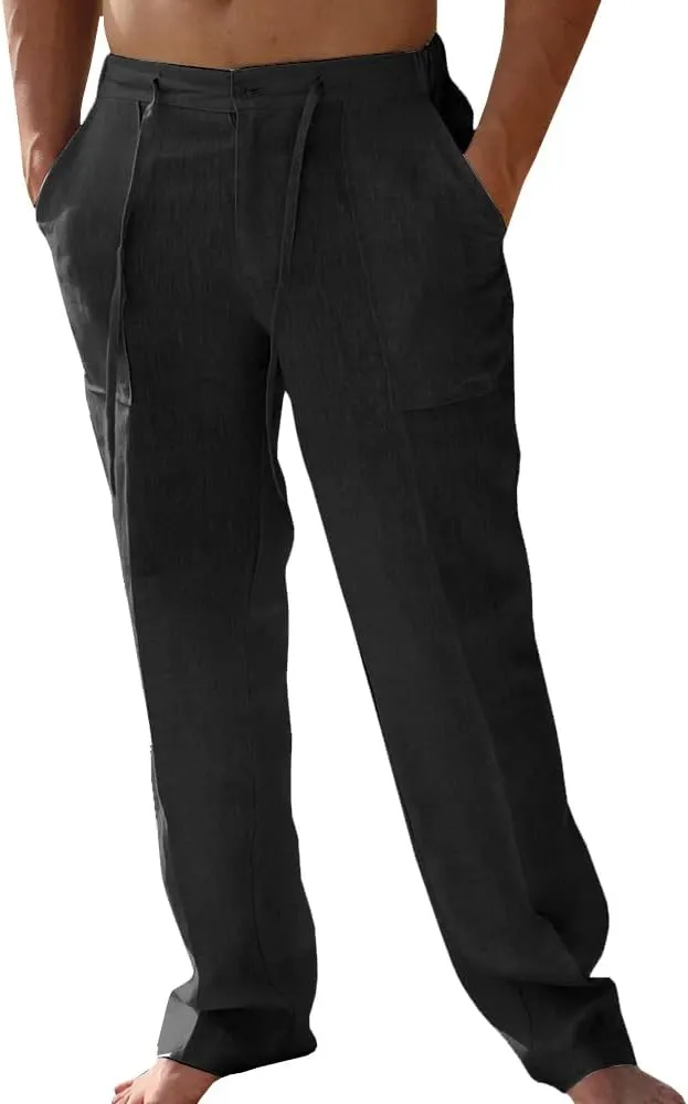 PASLTER Mens Casual Linen Pants Loose Fit Elastic Drawstring Waist Straight-Legs Summer Yoga Beach Long Pants