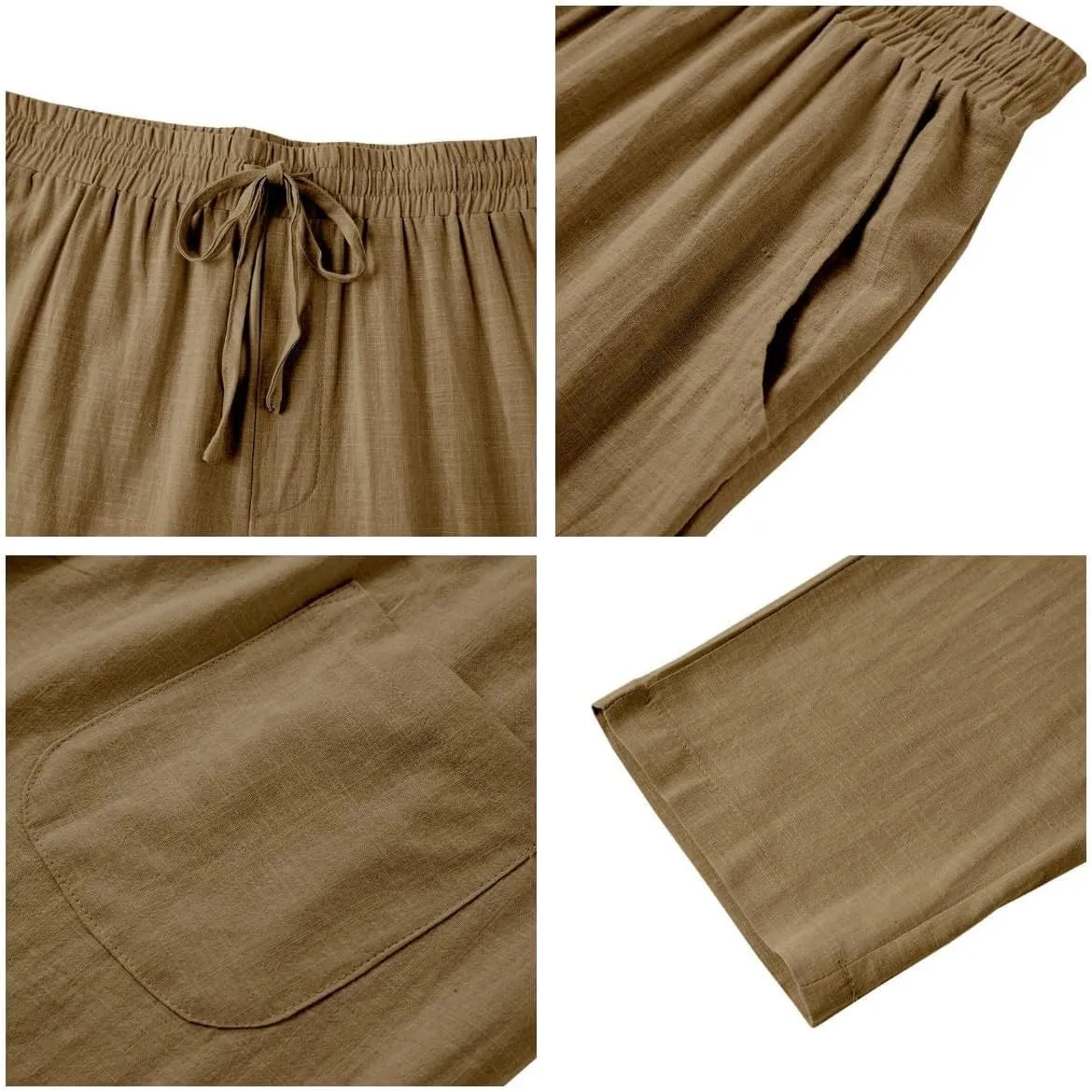 PASLTER Mens Casual Linen Pants Loose Fit Elastic Drawstring Waist Straight-Legs Summer Yoga Beach Long Pants