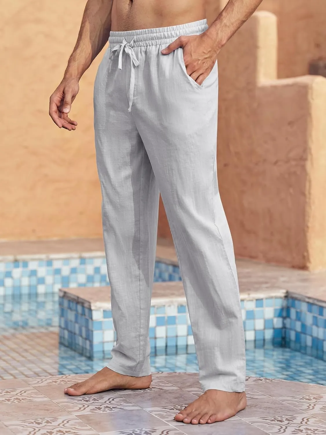 PASLTER Mens Casual Linen Pants Loose Fit Elastic Drawstring Waist Straight-Legs Summer Yoga Beach Long Pants