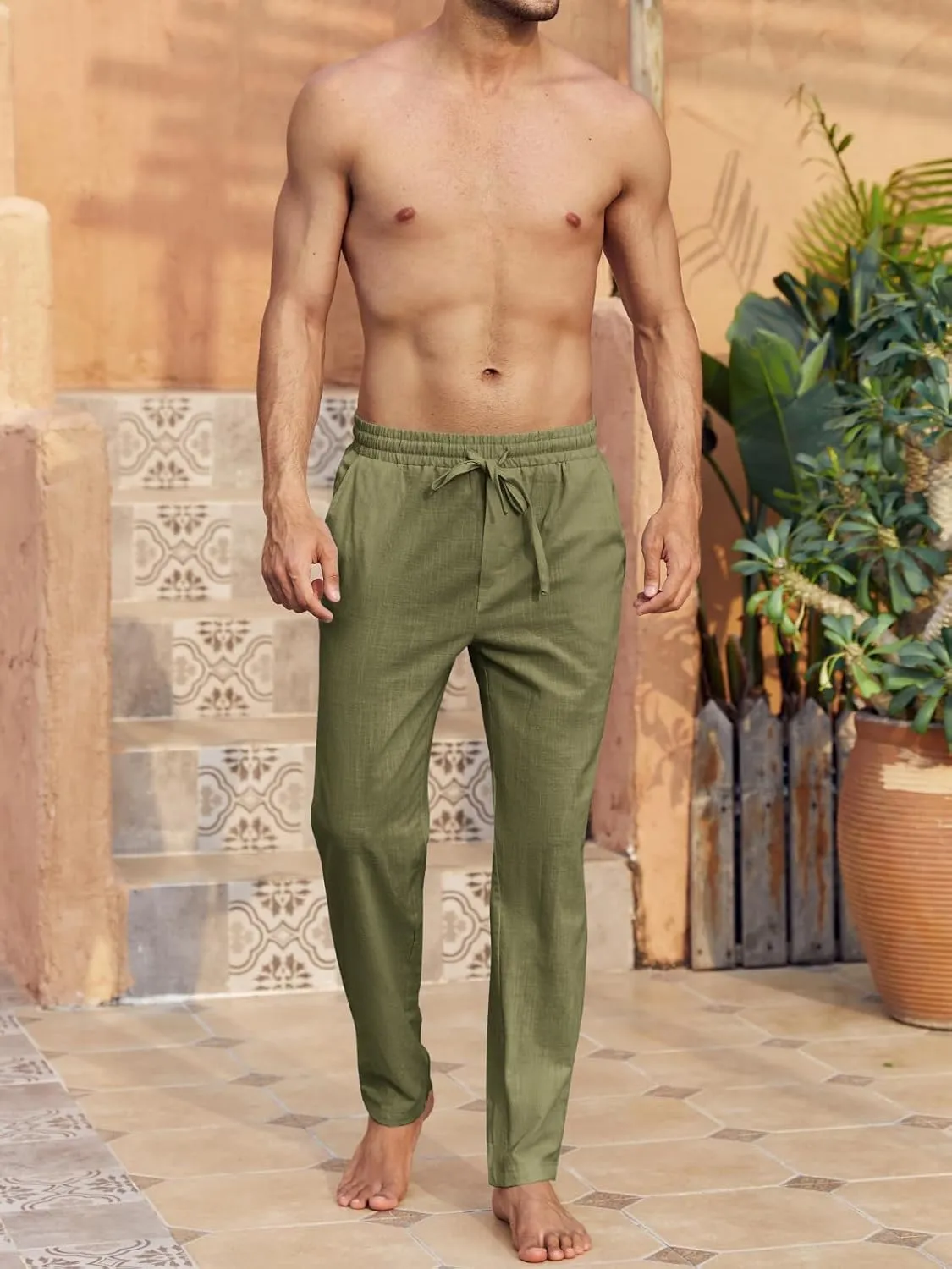 PASLTER Mens Casual Linen Pants Loose Fit Elastic Drawstring Waist Straight-Legs Summer Yoga Beach Long Pants