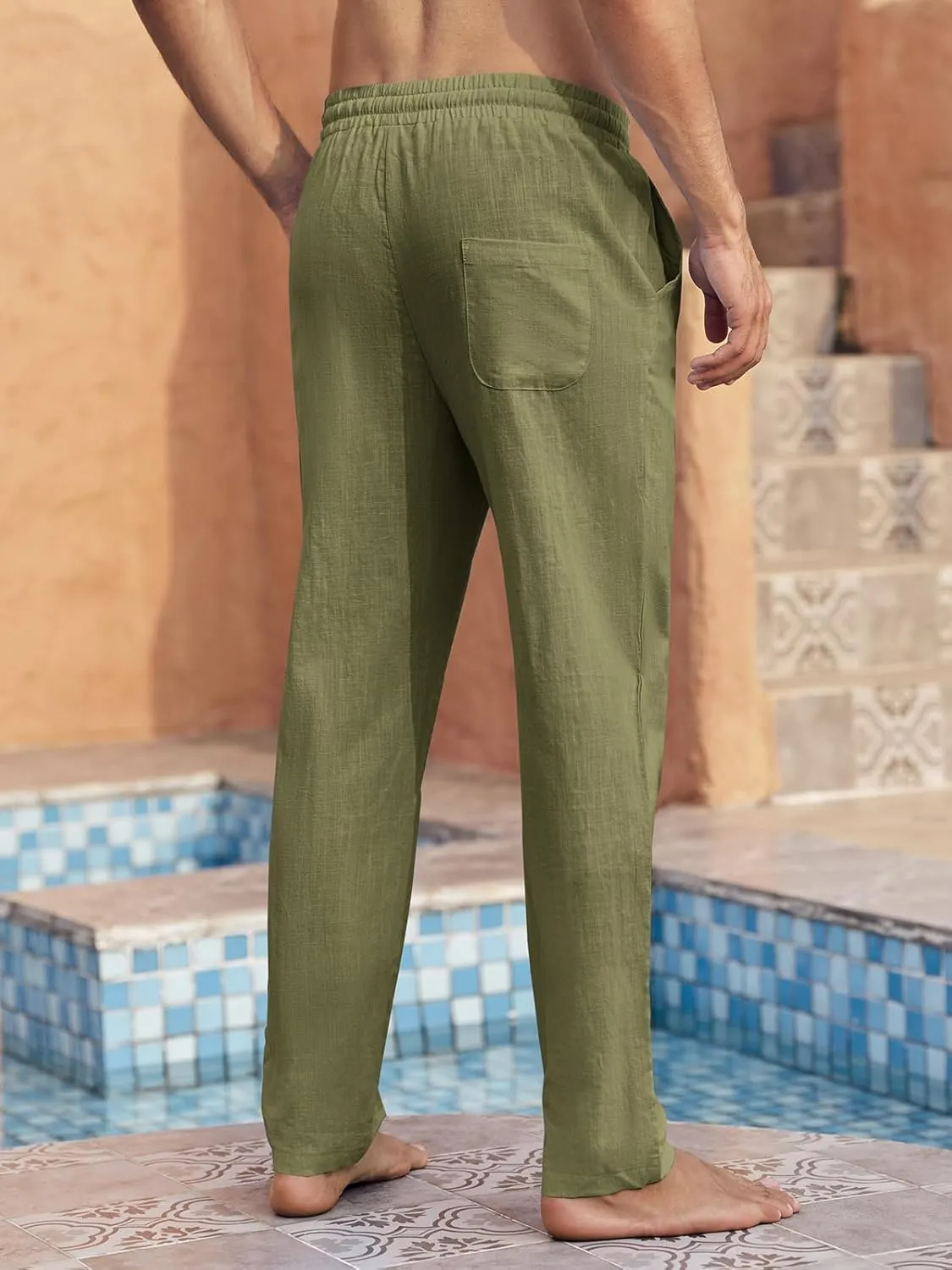 PASLTER Mens Casual Linen Pants Loose Fit Elastic Drawstring Waist Straight-Legs Summer Yoga Beach Long Pants
