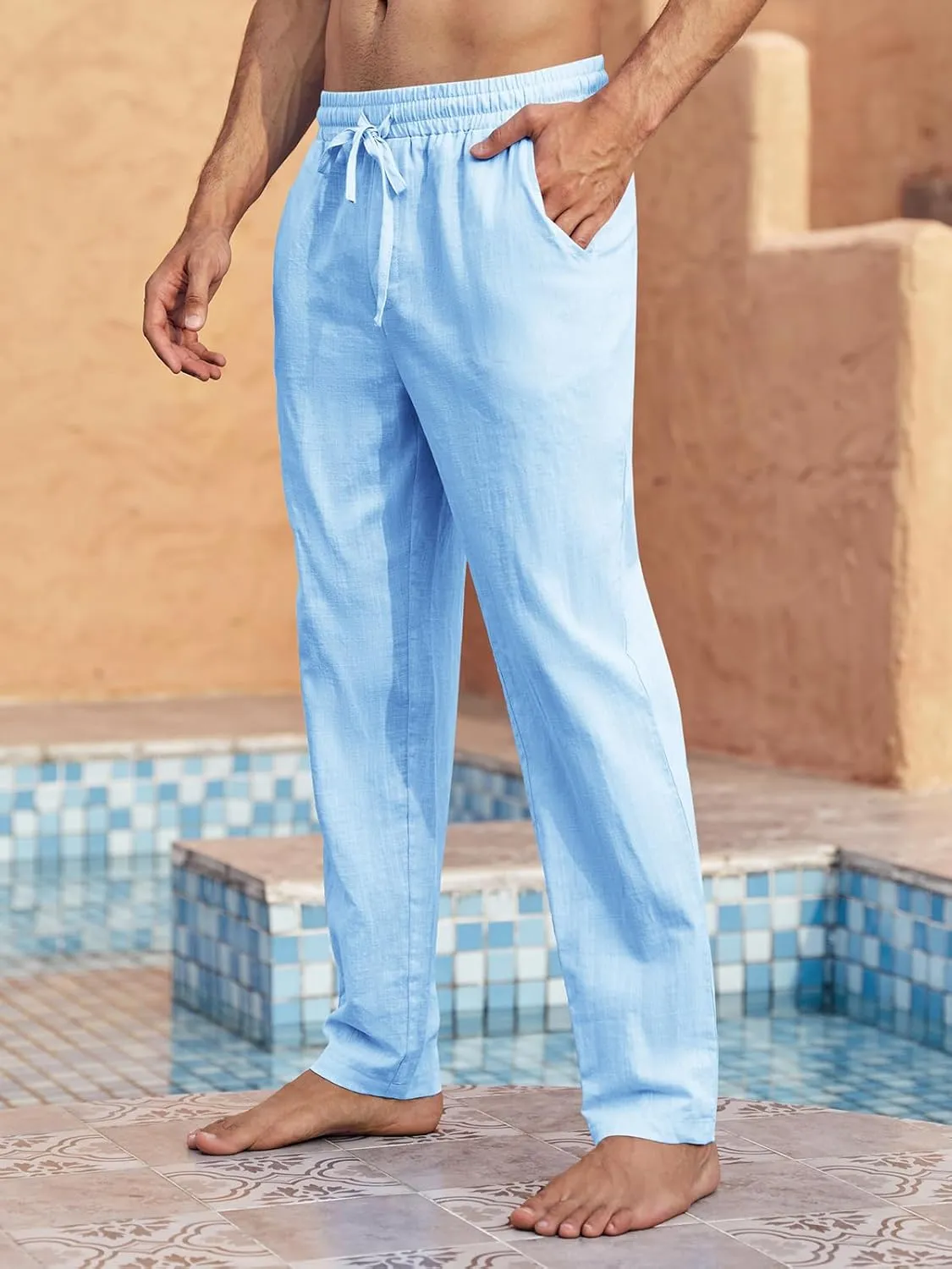 PASLTER Mens Casual Linen Pants Loose Fit Elastic Drawstring Waist Straight-Legs Summer Yoga Beach Long Pants