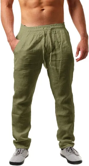 PASLTER Mens Casual Linen Pants Loose Fit Elastic Drawstring Waist Straight-Legs Summer Yoga Beach Long Pants