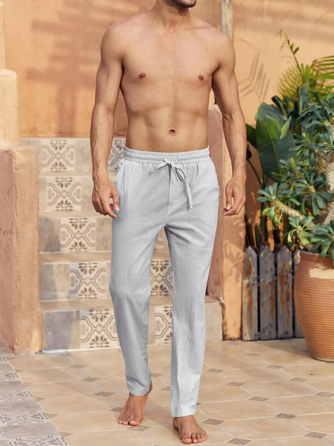 PASLTER Mens Casual Linen Pants Loose Fit Elastic Drawstring Waist Straight-Legs Summer Yoga Beach Long Pants