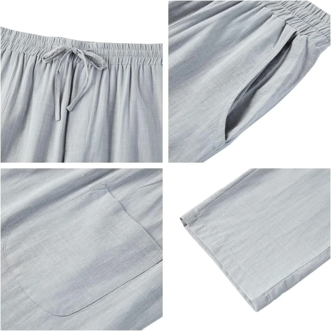PASLTER Mens Casual Linen Pants Loose Fit Elastic Drawstring Waist Straight-Legs Summer Yoga Beach Long Pants